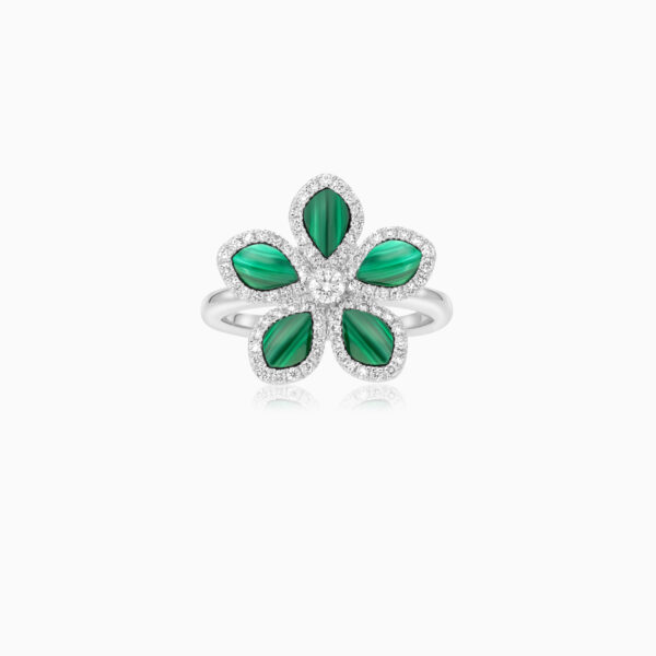 Exquisite 18K White Gold Flower Ring with Diamonds & Malachite – Mosaic Collection - Image 3