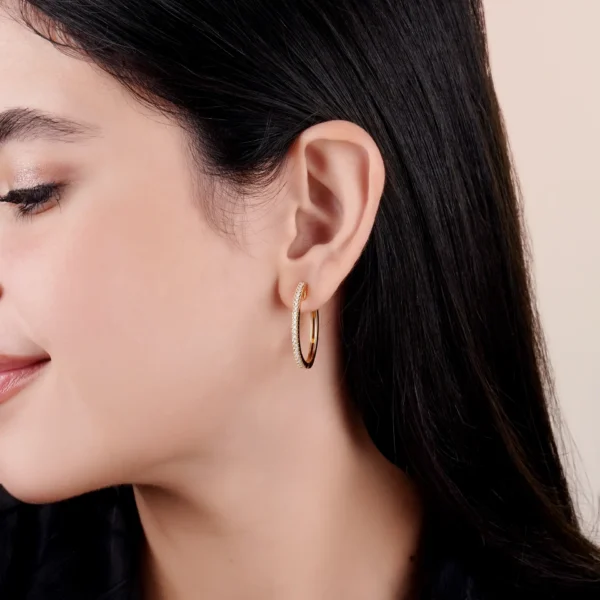 Elegant 18K Yellow Gold Hoop Earrings Adorned with Natural Round Diamonds - Image 6